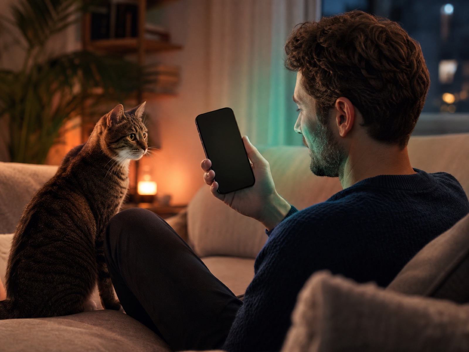 A cat owner using a phone beside their curious cat