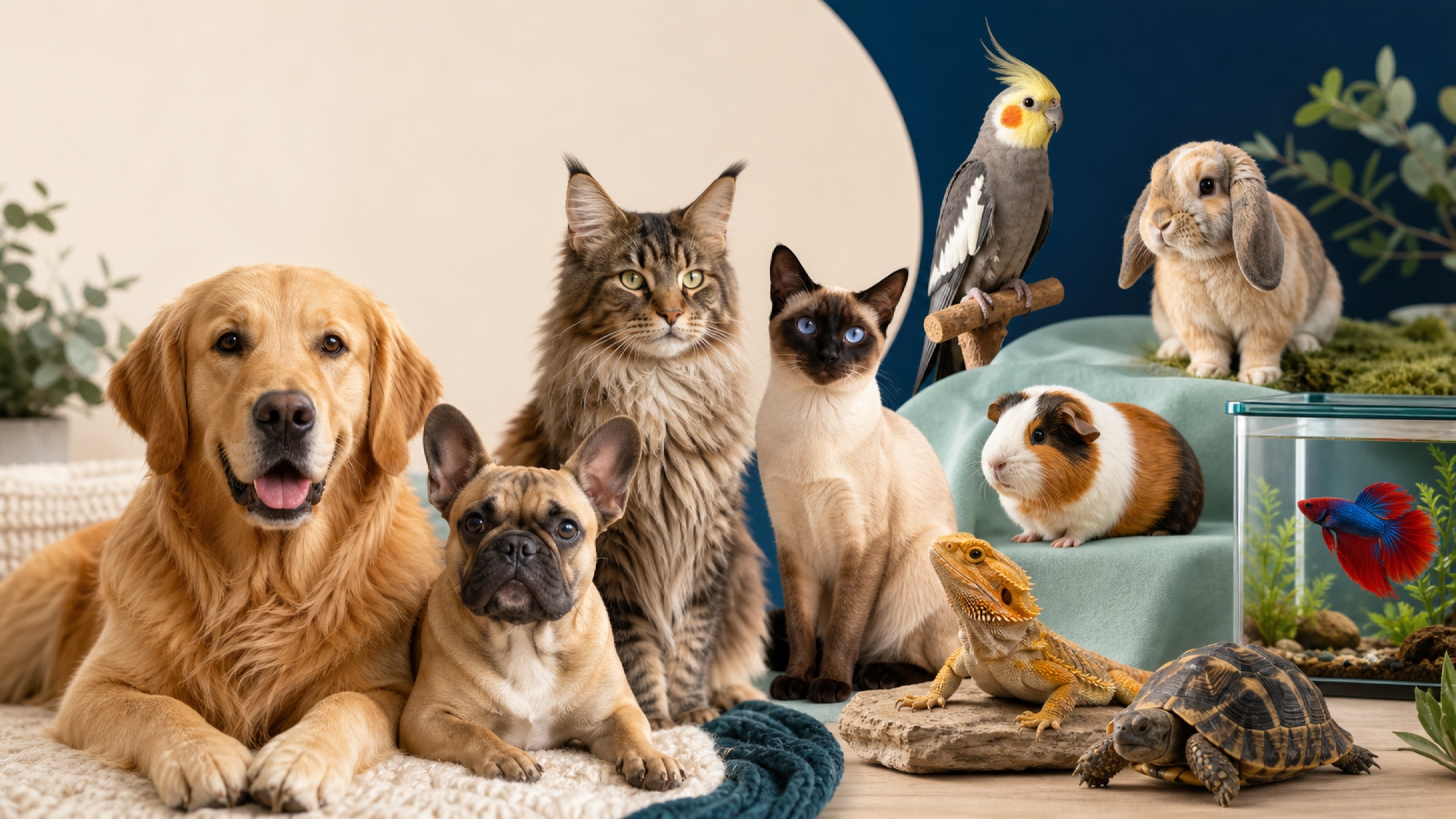Dogs, cats, a bird, rabbit, guinea pig, reptiles, and fish represented in the Amavio Care Atlas