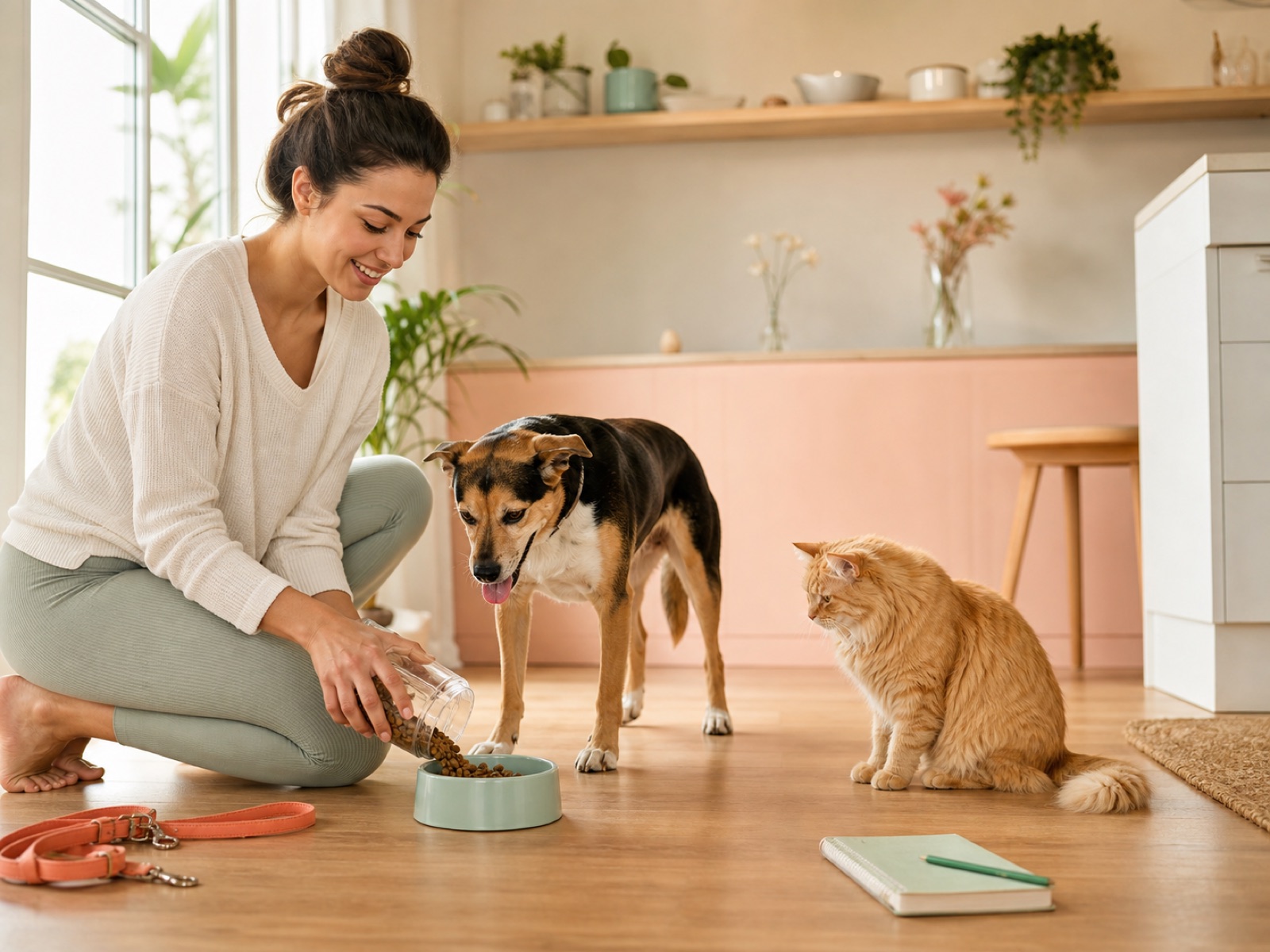 A pet owner preparing breakfast for a dog and cat