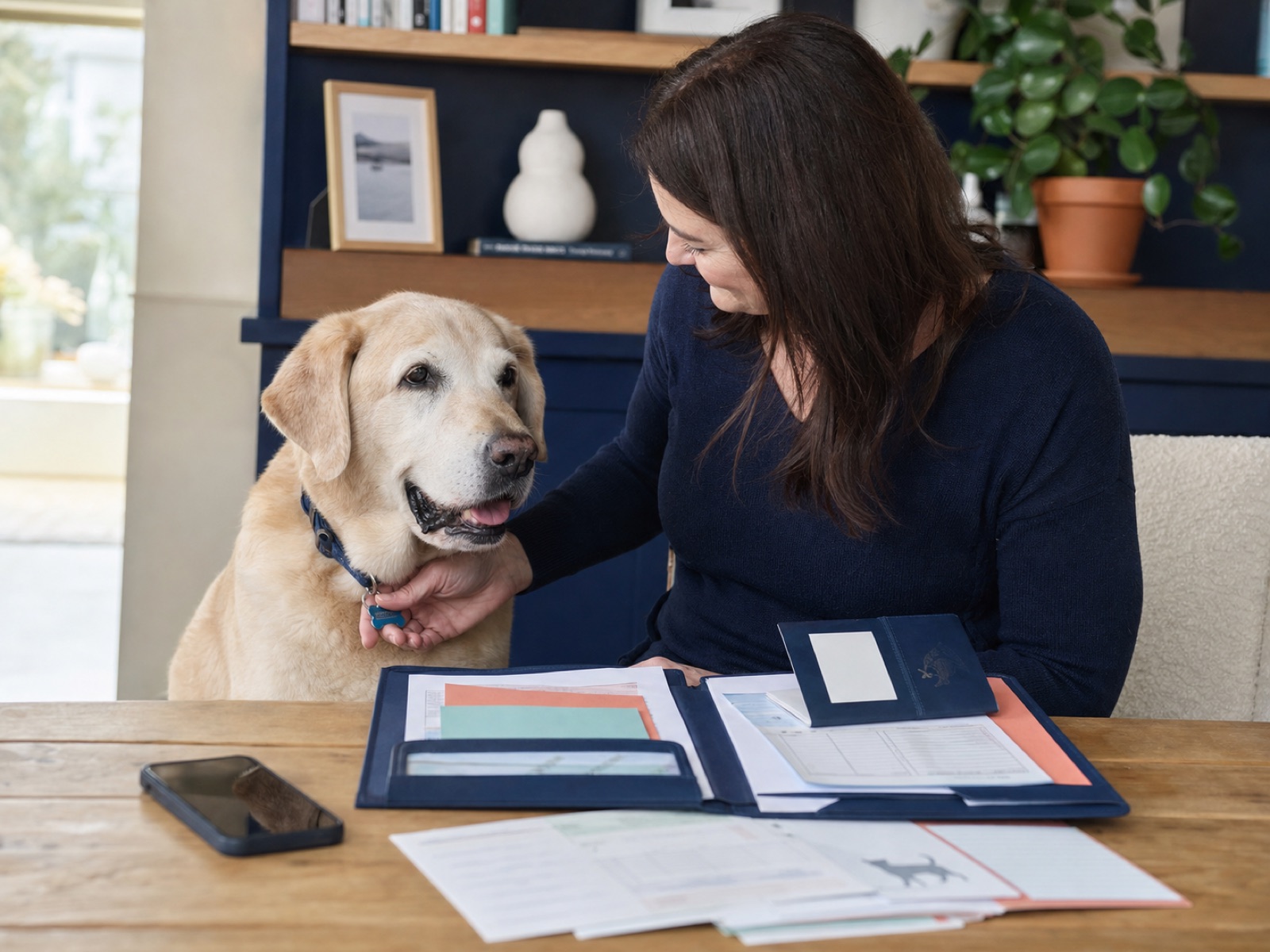 A pet owner organizing health records beside a senior dog