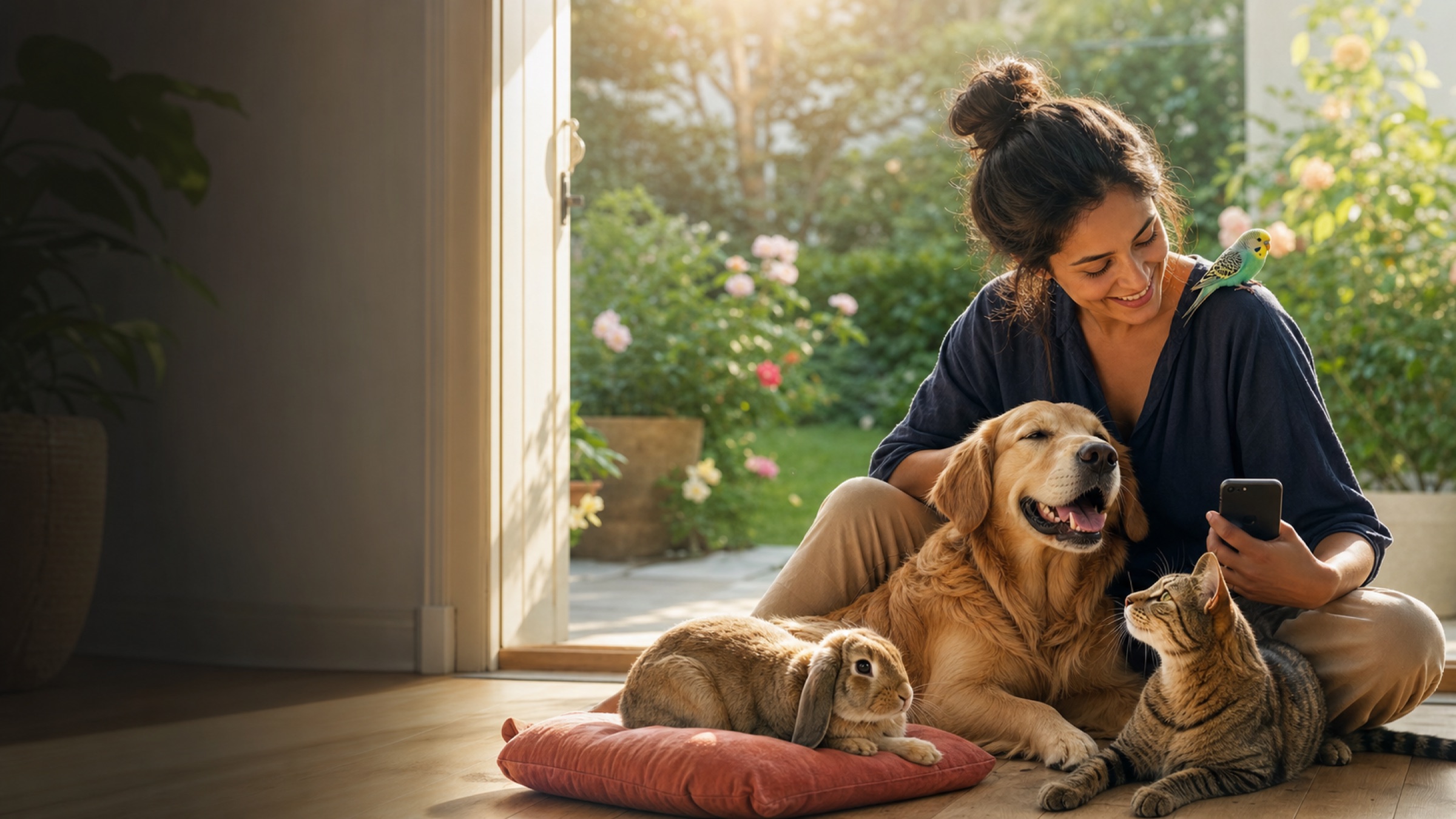 A pet owner at home with a dog, cat, rabbit, and bird