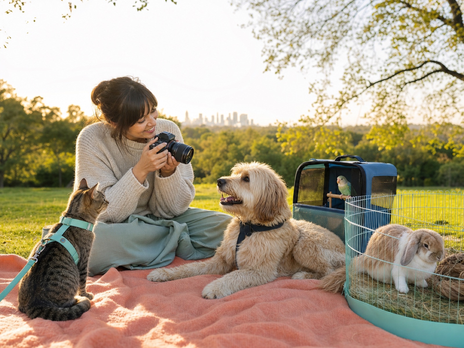 A pet owner photographing a happy multi-pet picnic